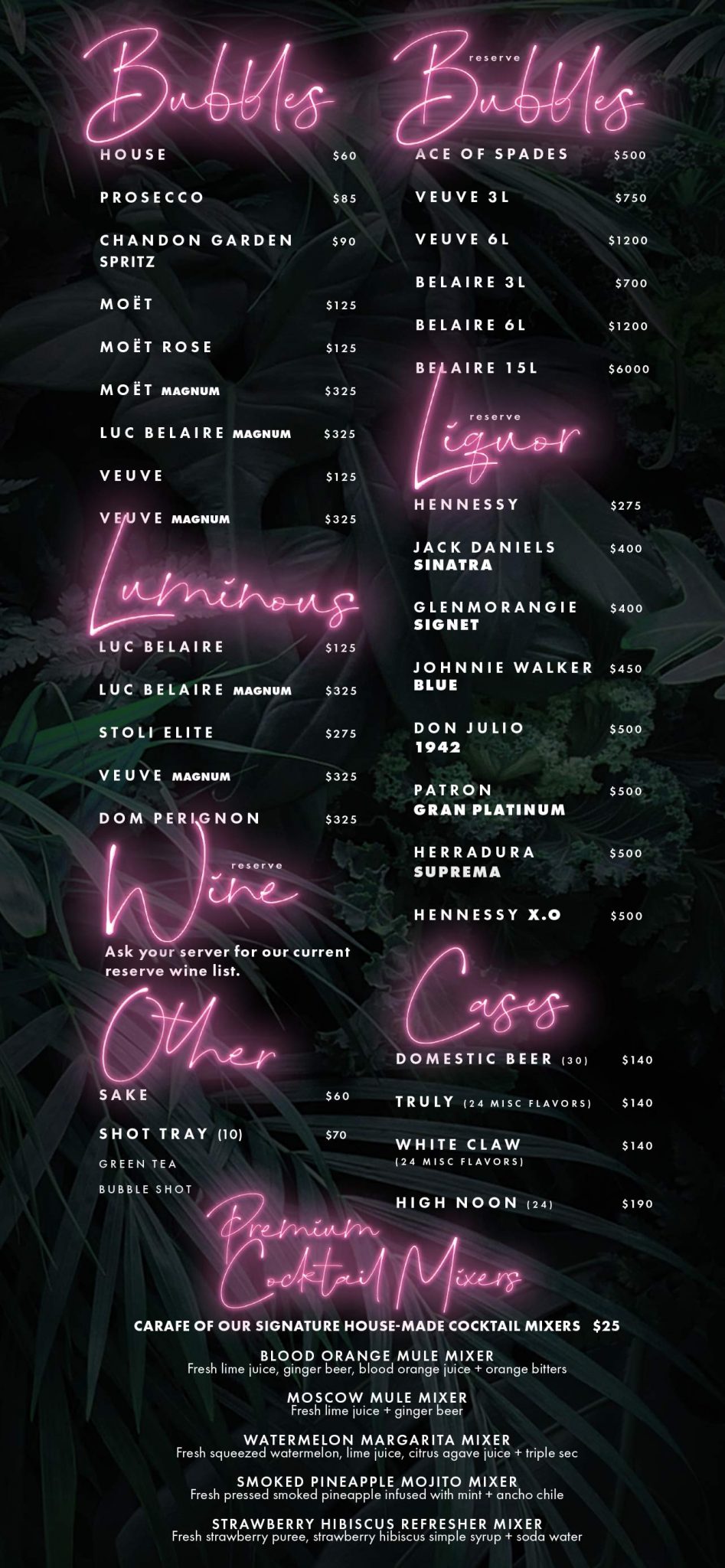 Bottle Service Menu Rec Room Buffalo, NY